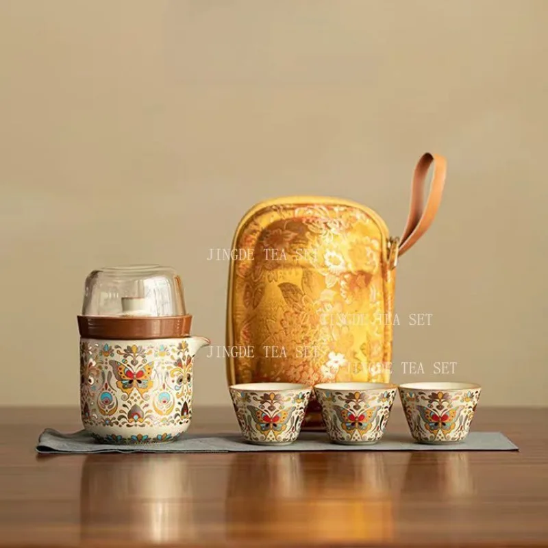 

Желтая печь-бабочка, дорожный чайный сервиз, портативная чашка Kuaike на открытом воздухе, 1 горшок, 3 чашки, набор чайников, аксессуары для чайной церемонии