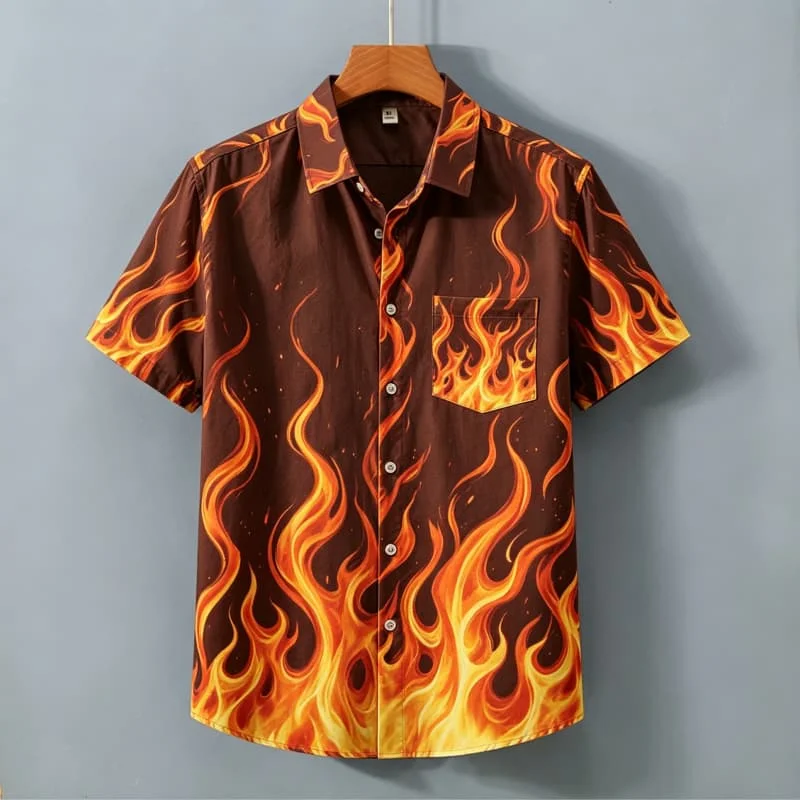 Men Women Hawaiian Short Sleeve Shirt Brown Orange Fire Flame Allover Print Camp Collar Summer Casual Shirts