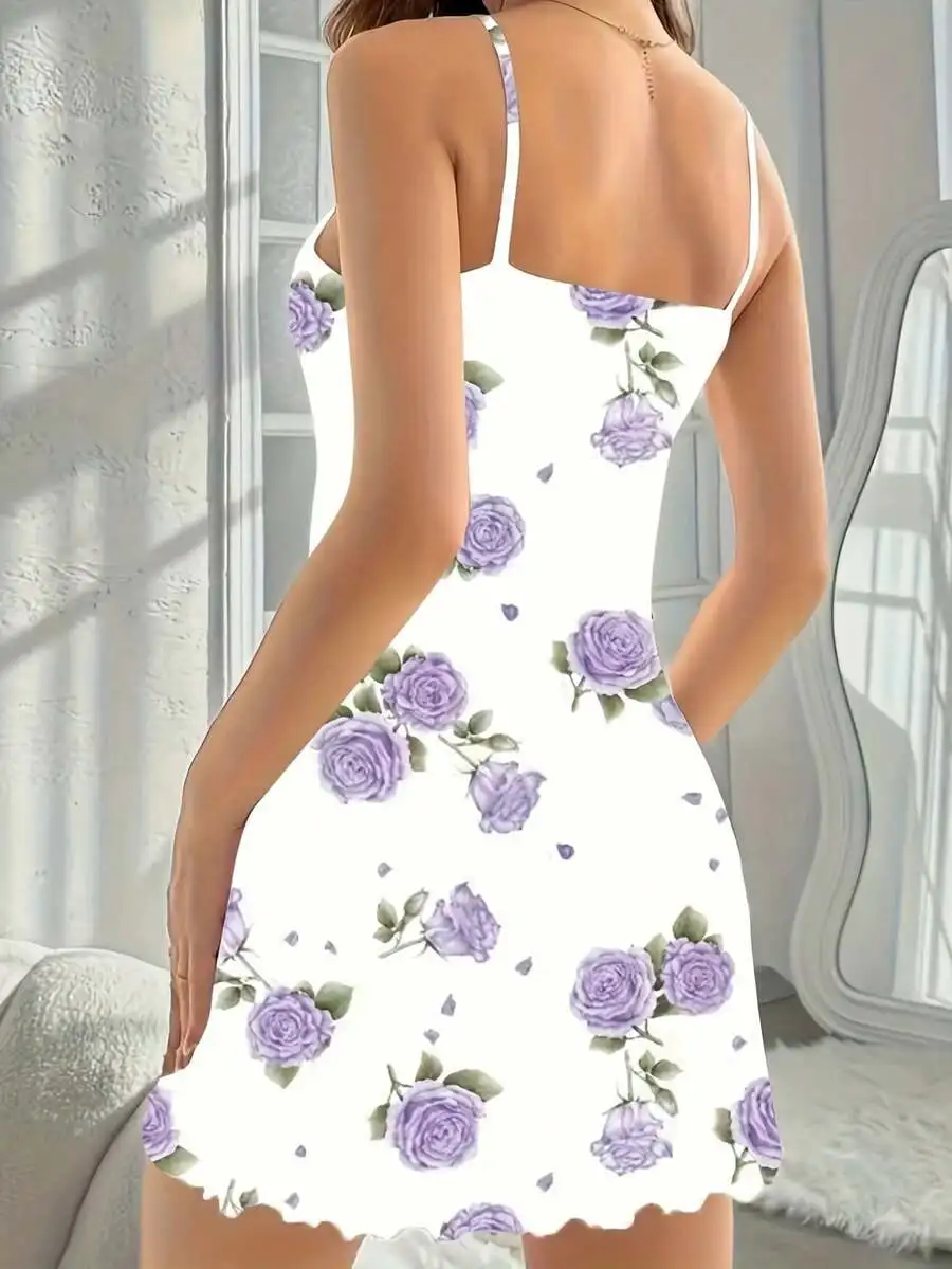 

Womens White Camisole Nightgown With Light Purple Rose Print Slim Fit Knitted Fabric