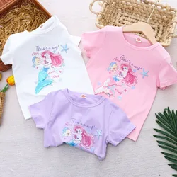 Kids T-shirt Short sleeves Children 2024 New Cotton Summer Baby Girls Tee Party Princess Disney Girl Clothes Costumes Ariel 3-8Y