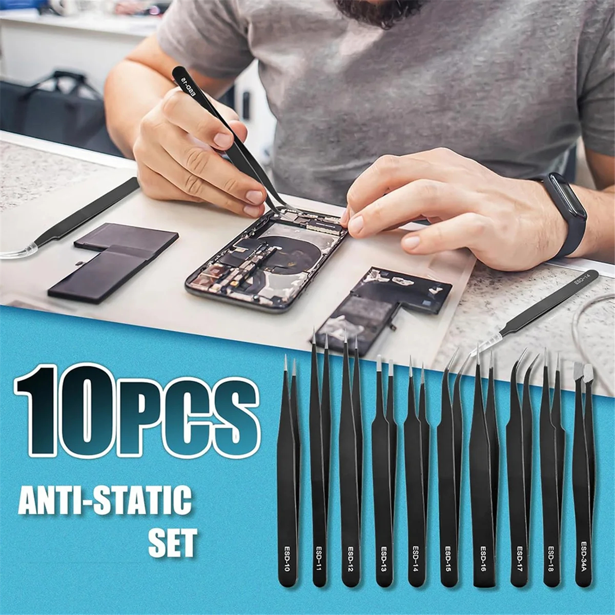 A79G 10Pcs Precision Tweezers Set, Upgraded Anti-Static Stainless Steel Tweezers for Craft, Electronics, Jewelry-Making