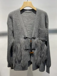Donne autunno grigio vera pelliccia di volpe decorazione lavorata a maglia primavera manica lunga maglione verde giacca cappotto