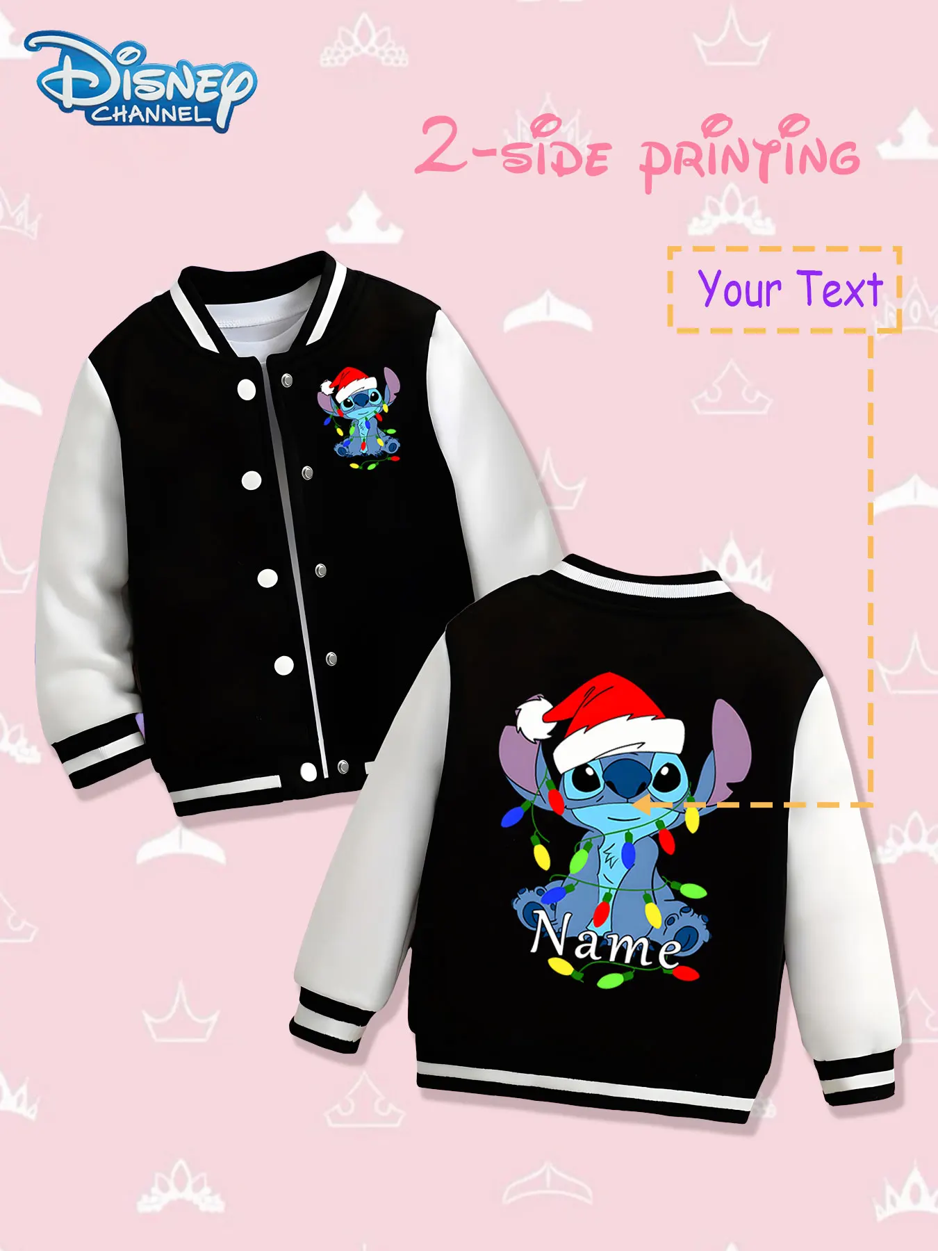 

MINISO Disney Christmas Stitch Girls Baseball Jacket - Double-sided Christmas element print, warm and appropriate for autumn and