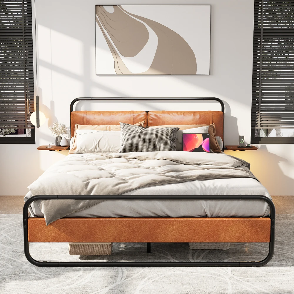 

Modern Upholstered Queen Bed Frame with Wireless Charging, USB & Type-C Ports, Touch LED Light, No Box Spring Required