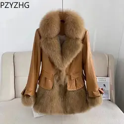 Manteau d'hiver en cuir de simulation de fourrure de renard pour femmes, manteau à la mode à volants longs, nouveau, 2023