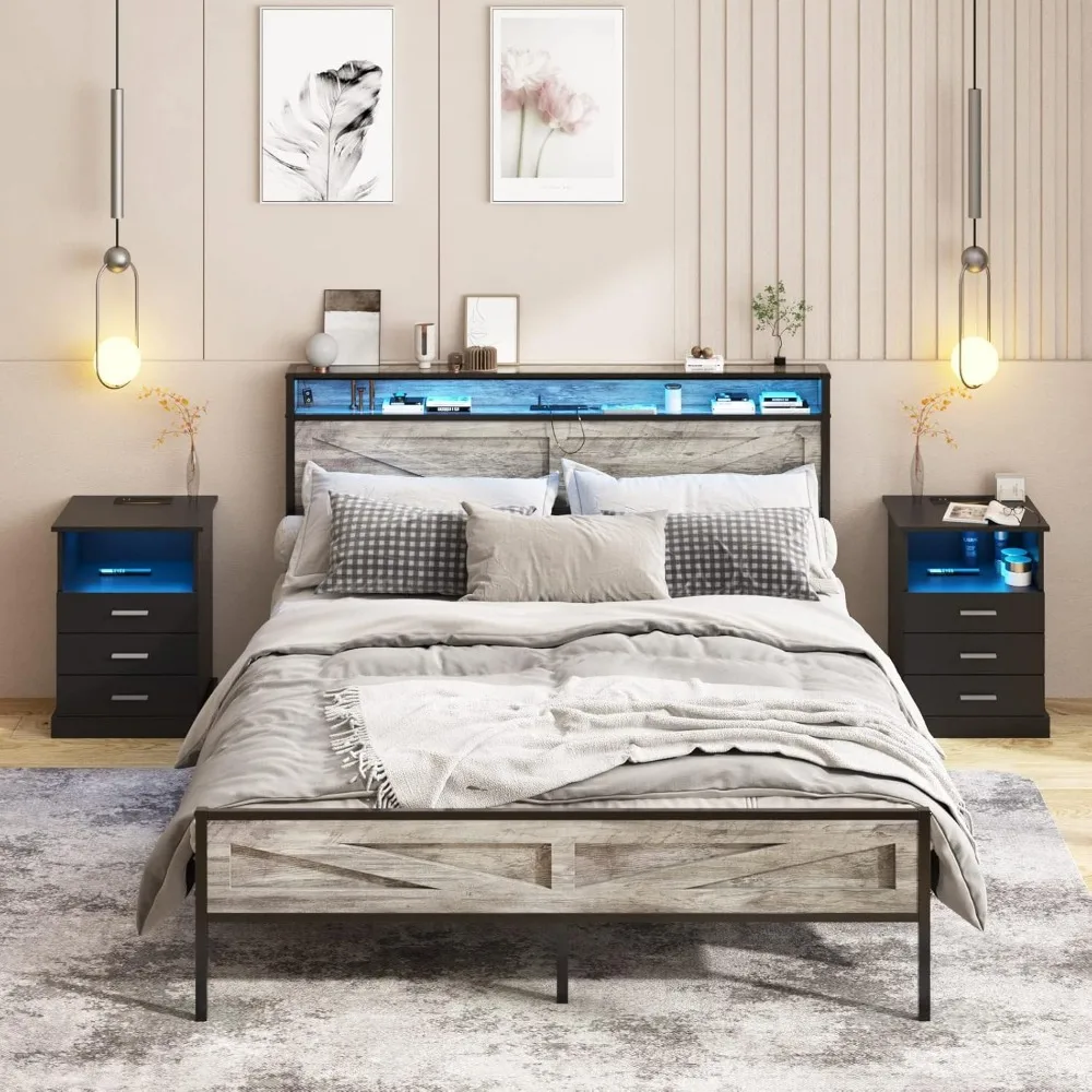 LED Queen Size Bed Frame with Charging Station, Platform Metal Headboard Storage & USB Ports Outlets, Farmhouse Lights image 3