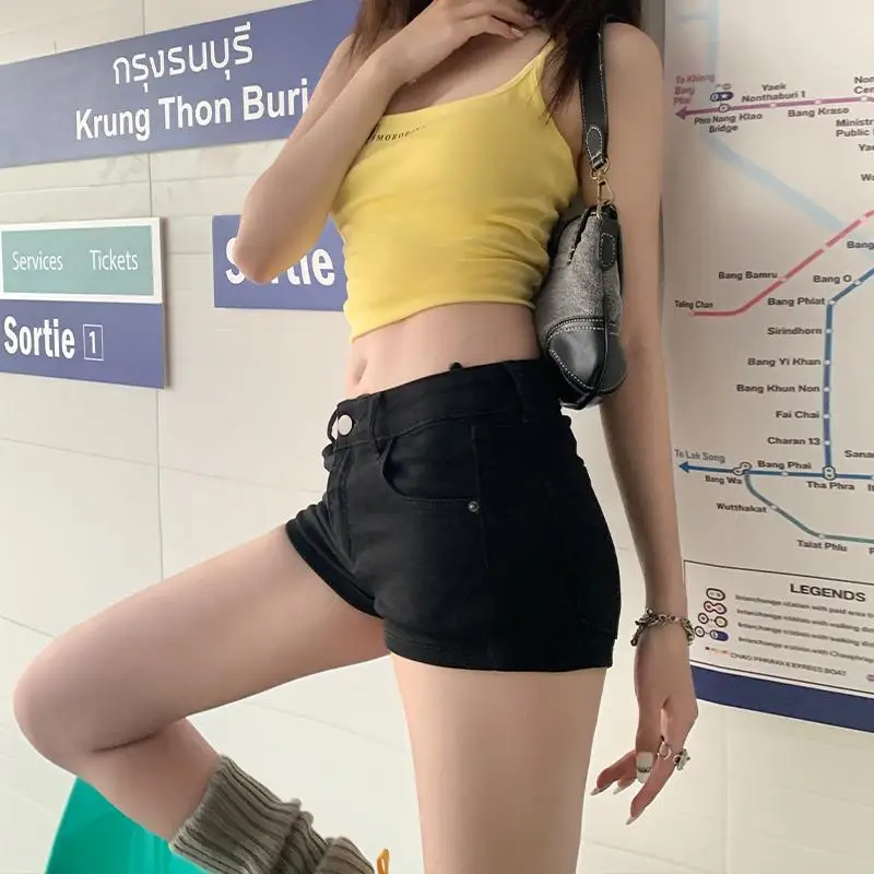 Black Low Waist Tight A-line Denim Shorts