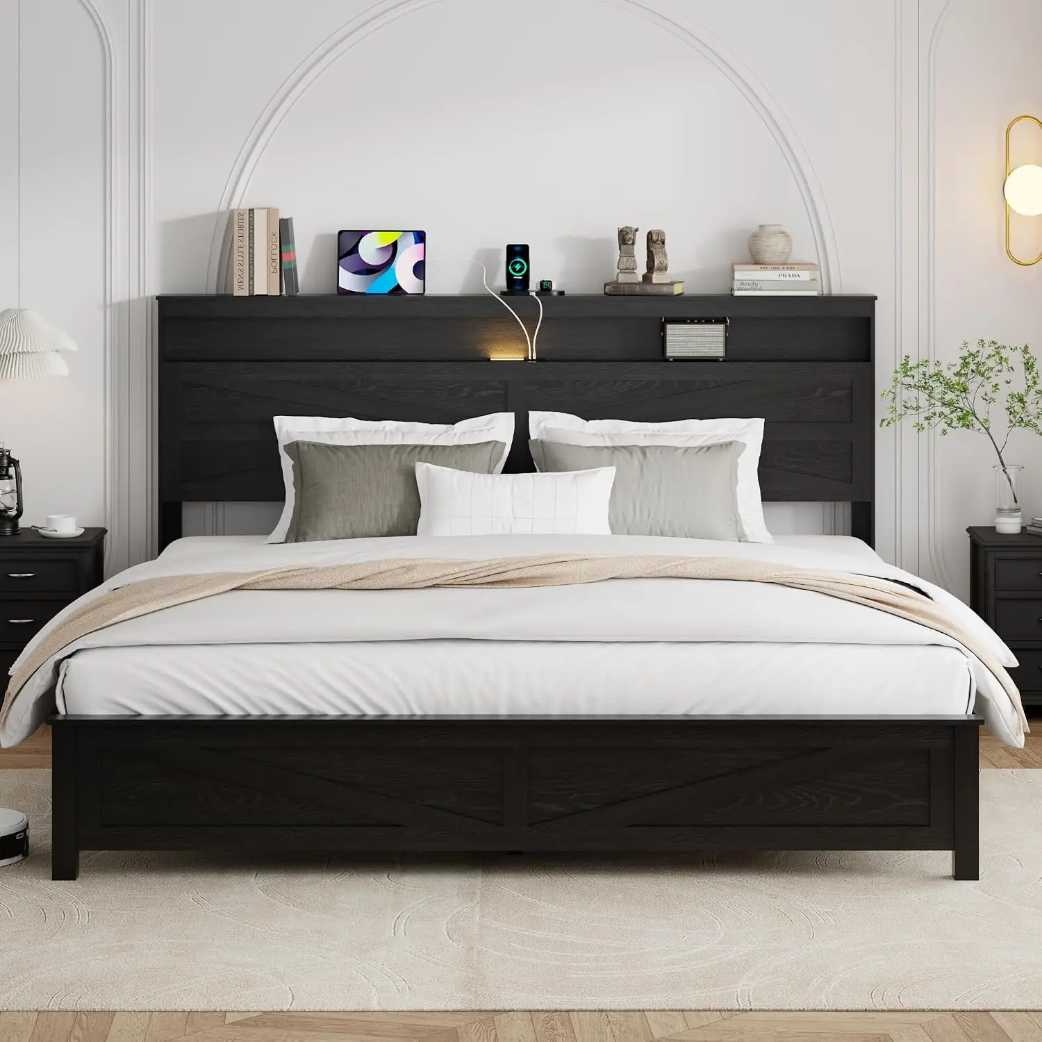 King Bed Frame with LED Lights & Charging Station, Rustic Wood Platform Easy Assembly No Box Spring Needed, Customized