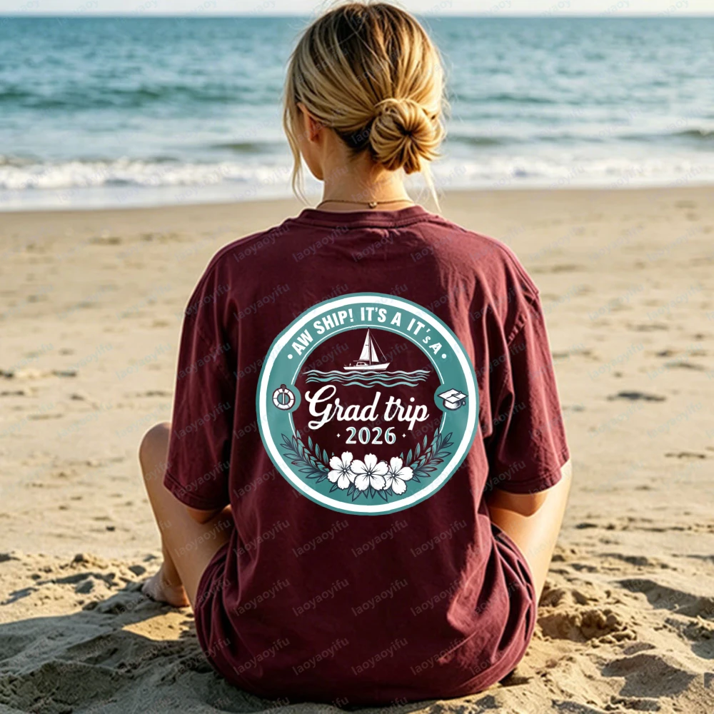 Fashion Grad Trip 2026 Sailboat and Flowers Design Unisex Cotton T-Shirt Beach Summer Casual Wear for Graduation Celebration Tee