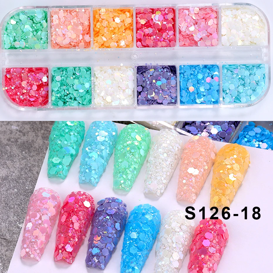 1 صندوق حورية البحر قزحي الألوان مسمار الفن بريق الترتر المجسم مسدس تقشر مسحوق Paillette هلام البولندية زينة للأظافر M3DJ