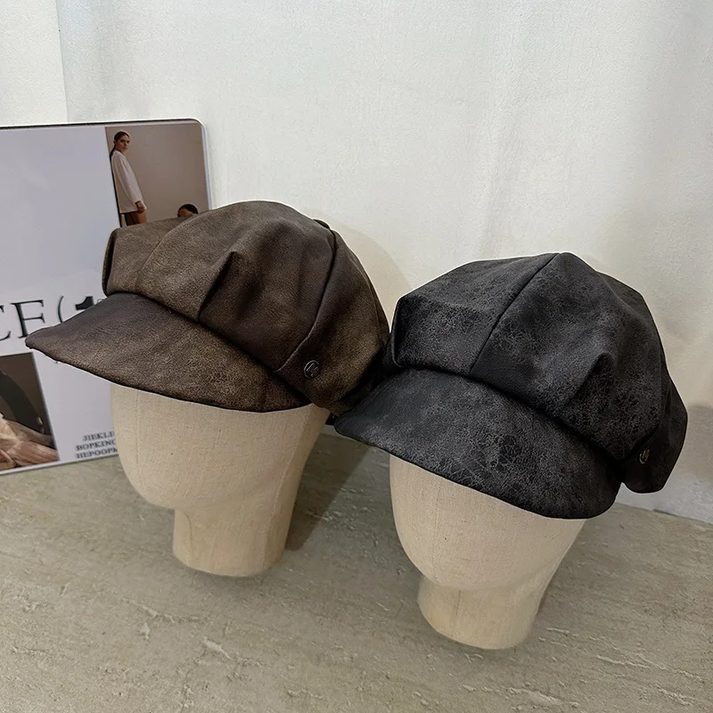 Japanische Retro-Kappe aus strukturiertem PU-Leder im Used-Look, achteckig, für Damen, Herbst und Winter, im britischen Stil, große Malerkappe – Detail 1