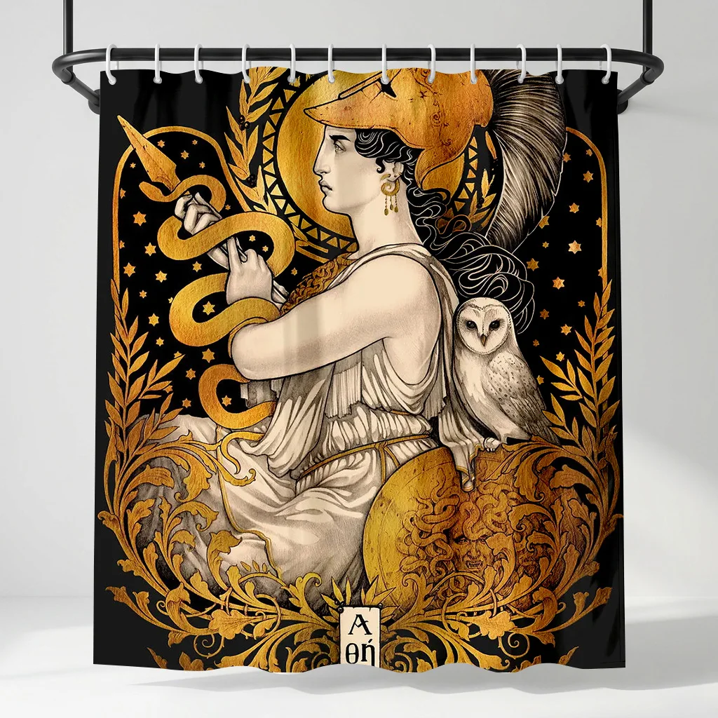 

Greek Mythology Goddess Athena Shower Curtain, Gold Owl & Snake Art Deco, Ancient Warrior Queen Aesthetic Bathroom Decor