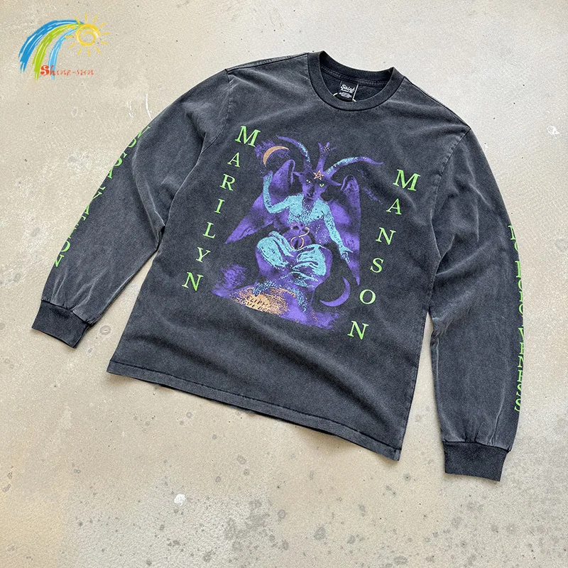 

High Street Graphics Print Vintage Washed Black Saint Long Sleeves T-Shirt Men Women Unisex Oversize Tee Top 100% Cotton T Shirt