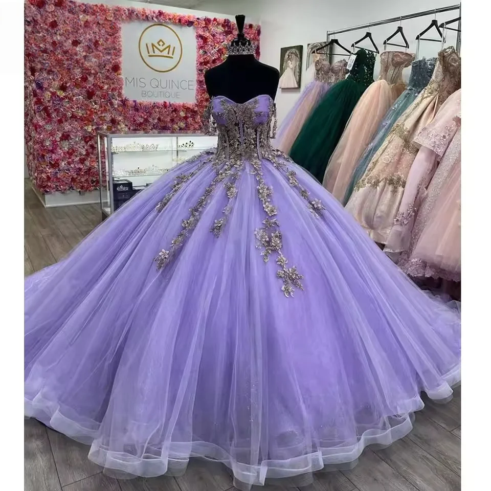 

Сиреневые платья Charro Quinceanera, бальное платье с милой аппликацией, мексиканские милые платья 16, 15 Anos по индивидуальному заказу