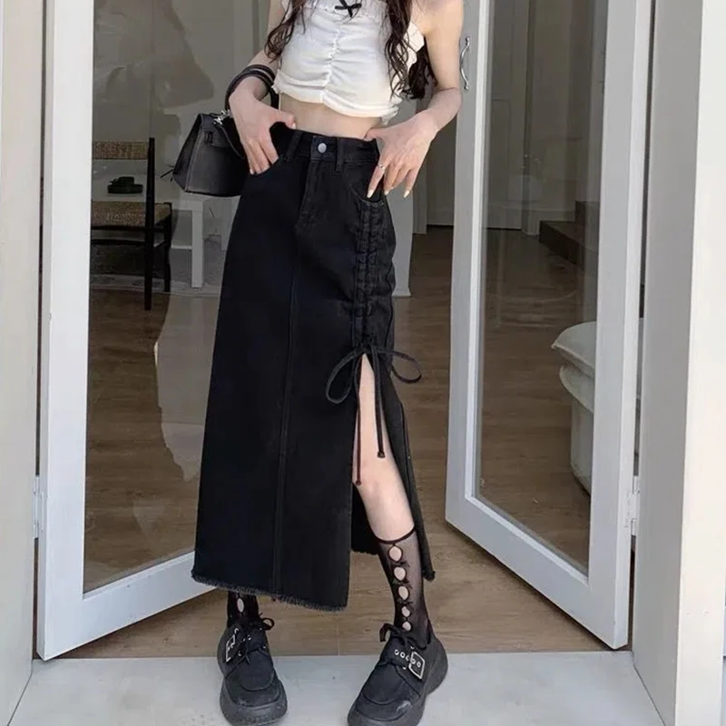 

Drawstring High Waist Denim Skirt Women 2023 Summer Side Split Long Skirts Woman Korean Style Straight Jeans Skirt Female