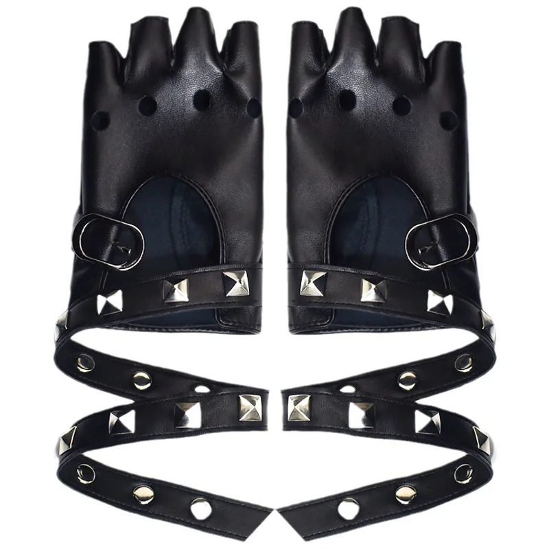 사이버펑크 고딕 로리타 핑거리스 장갑 - 리벳과 스트랩이 있는 인조 가죽 반손가락 장갑, 소녀들을 위한 펑크 테크웨어 스타일
