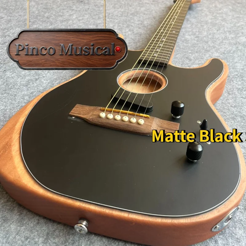 Matte Black ST Hybrid Acoustic-Electric Guitar, Mahogany Binding 1989 Piezo+Magnetic Pickup, Fingerstyle Folk Rock Guitar