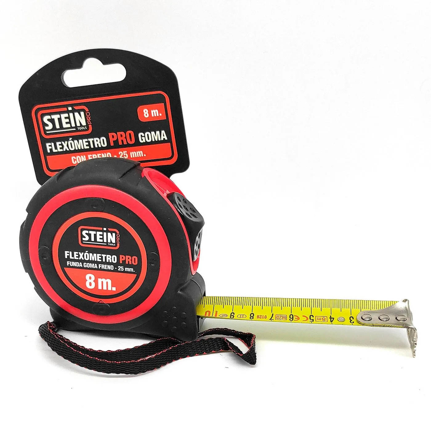 Steptape measure, Professional 8 m x 25 mm Flexometer, Non-slip, Immanded Tip, Safety Brake, Clamp clip