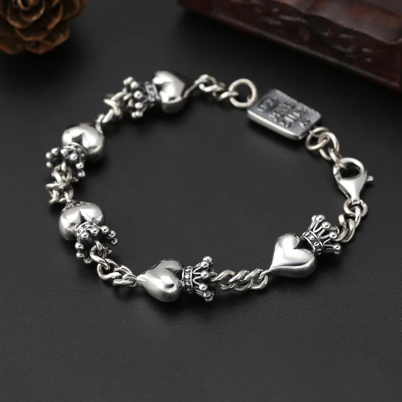 personality ornament Thai silver Korean style popular simplicity crown heart letter trendy men's and women's bracelet