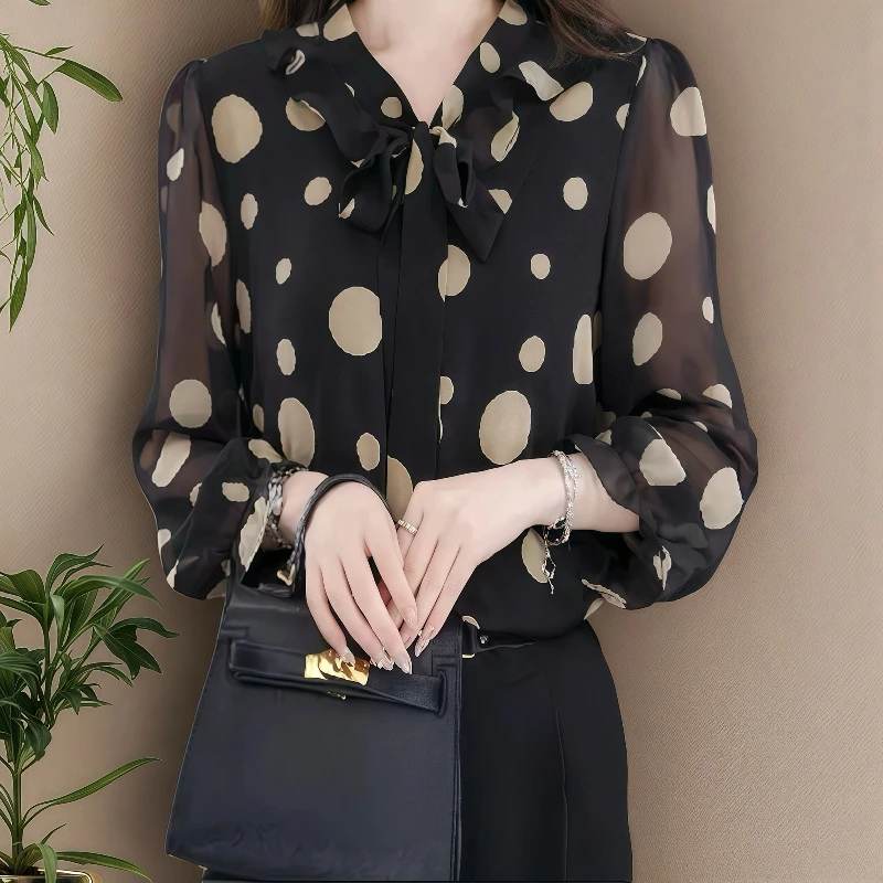 

Loose Sweet Long Sleeve Chiffon Blouse Elegant Bow Tie Neckline Design Stylish Polka Dot