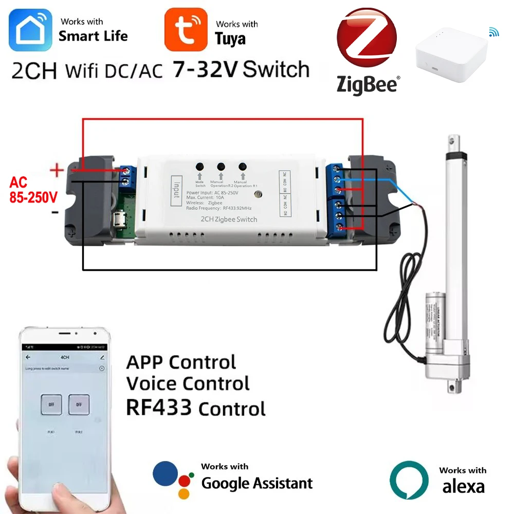 Tuya Zigbee Smart Wifi Electric Linear Actuator Motor Controller,DC AC 12V 24V 110V 220V 2CH Switch,RF433 Pulse Module Relay