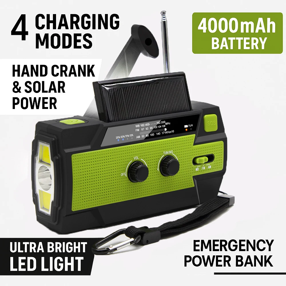 Tragbares Notfallradio, 4000 mAh/Handkurbel, Solar-USB-Aufladung, FM/AM/NOAA, LED-Taschenlampe, SOS-Alarm, Powerbank