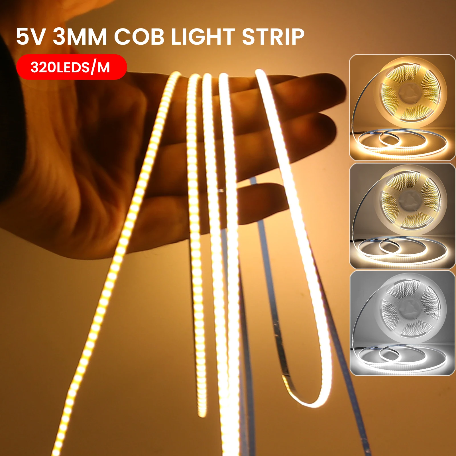 3mm Ultra Thin COB LED Strip 5V USB Flexible LED Strip 320LEDs High Density Linear Light White/Warm/Natural/Blue/Green/Red/Ice