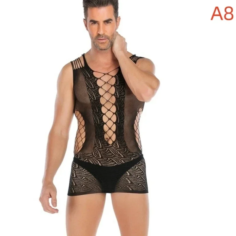 Plus Size Men\'s Black Sexy Lingerie Fishnet Body Stockings Male Underwear Exotic Lingerie for Man Open Crotch Transparent Tights