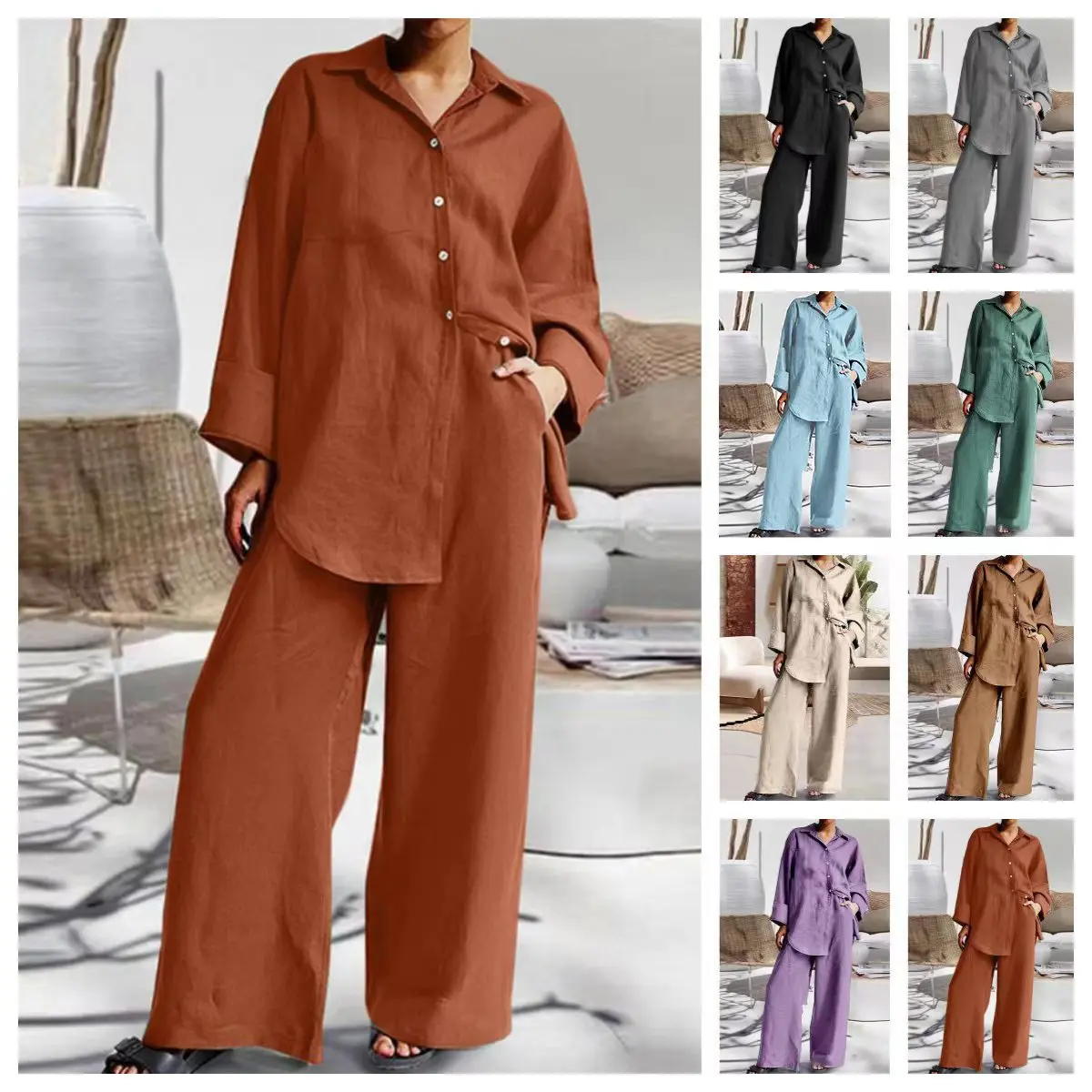 

New Spring Autumn Women Casual Wide Leg Pants Set Cotton Linen Solid Color Two Piece Clothing Loose Lounge Outfit