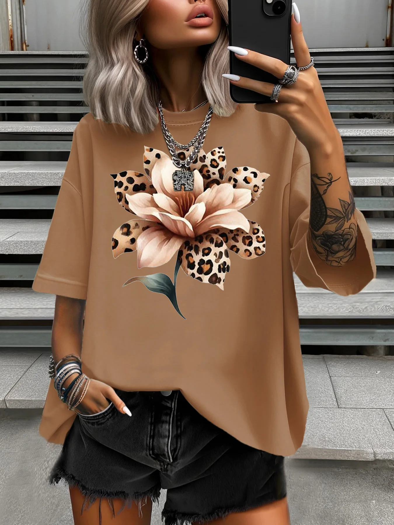 Sommer Plus Size Mode Damen T-Shirt Original Design Mode Rosa Blume Bedruckt Damen Casual Rundhals Kurzarm Tops