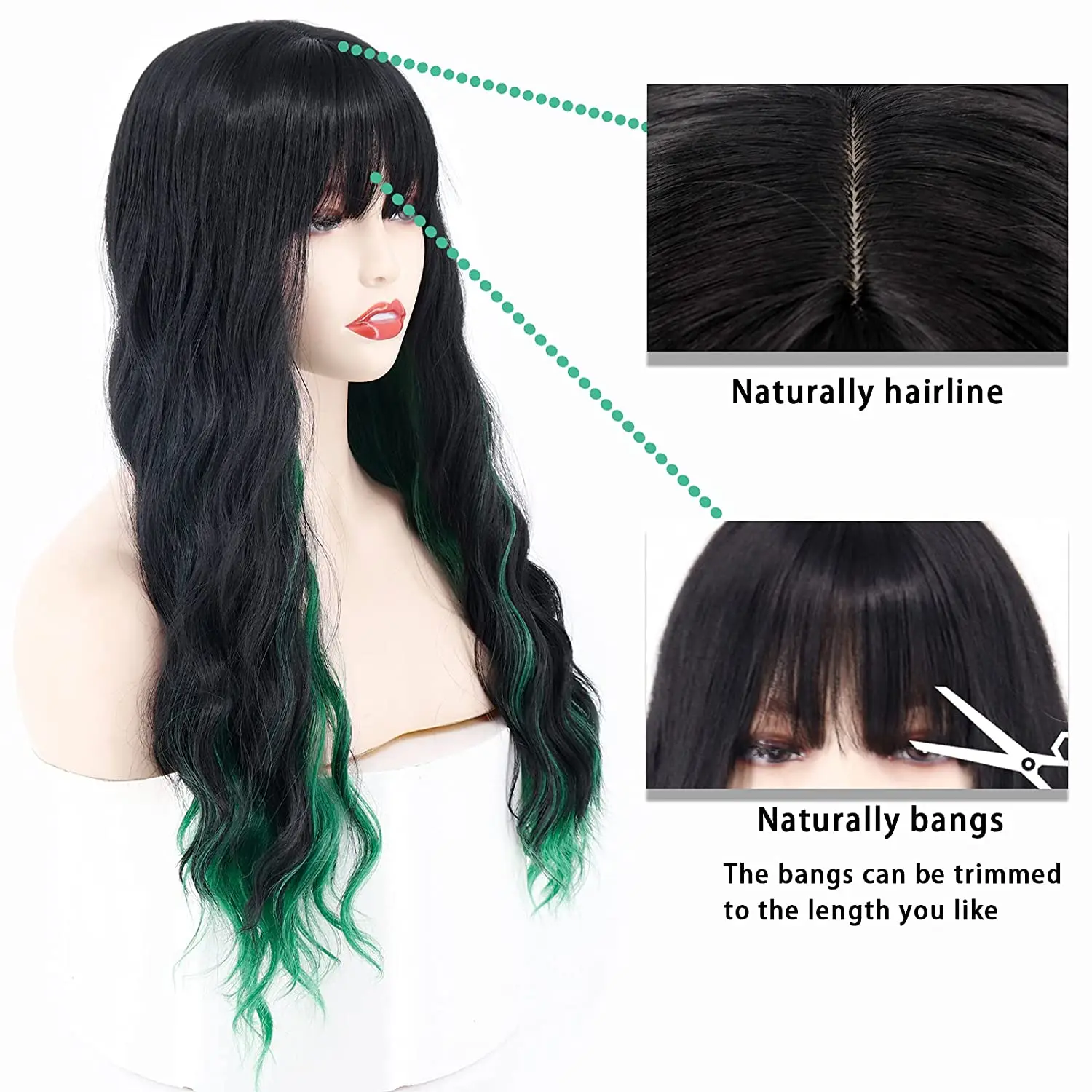 24 Inch Syntheti CLong Đen Và Xanh Tóc Giả Với Bangs Cho Nữ Trắng Tự Nhiên Gợn Sóng Tóc Giả Chống Nóng Cho Hàng Ngày đảng Sử Dụng