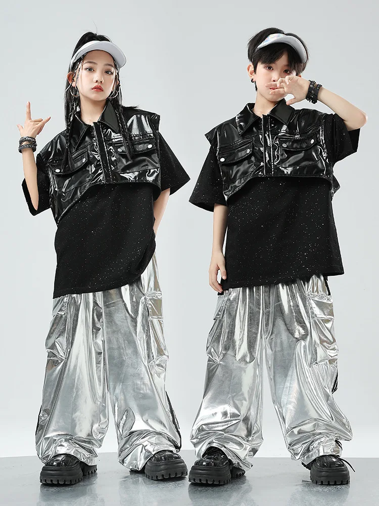Jungen Hip Hop Leder Motorrad Weste Cargo Hosen Mädchen Weste Street Dance Jogger Kinder Ärmellose Jacke Kind Punk Kostüme
