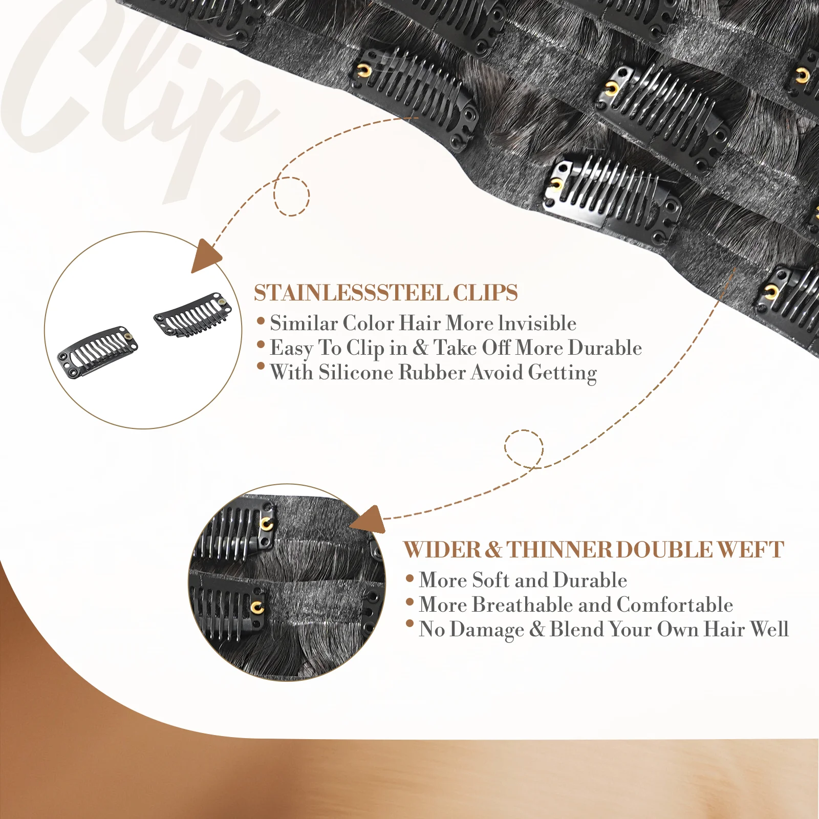 وصلات شعر بمشبك مموج للجسم، شعر بشري 100% # 1B لون أسود طبيعي 110 جرام/مجموعة 6 قطع شعر عذراء غير مرئي من البولي يوريثان