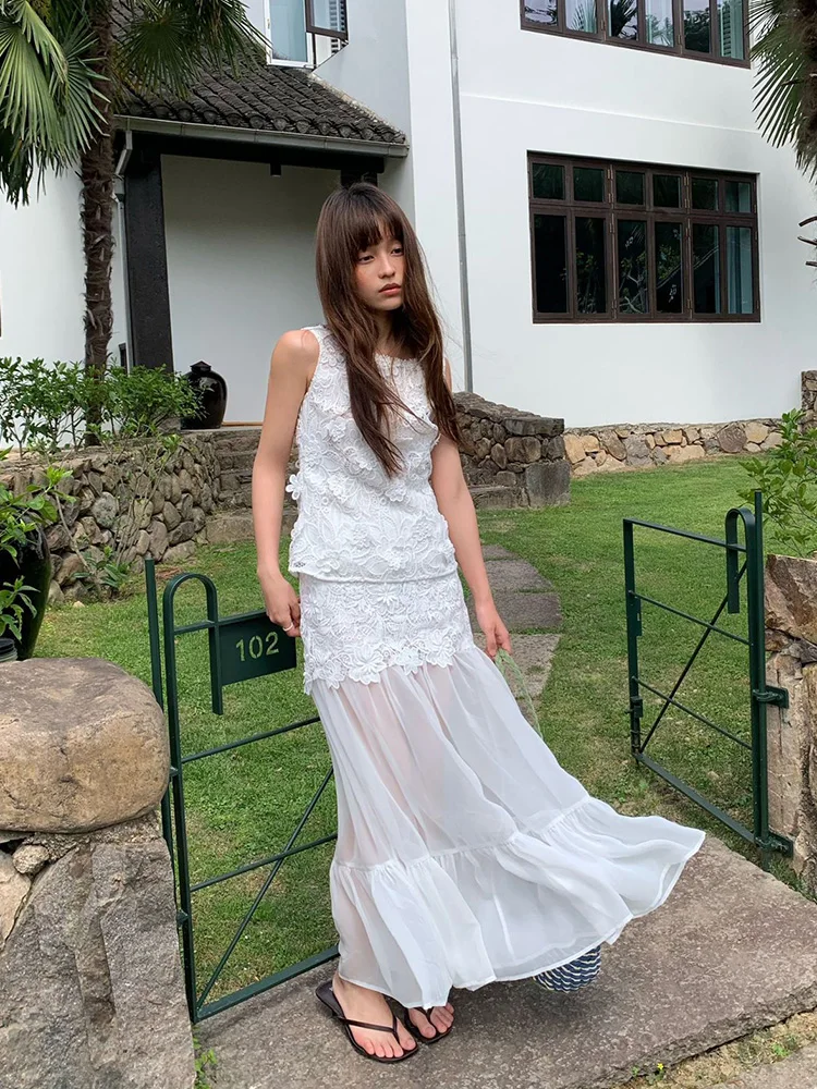 Fashion Luxury 2024 Summer White Skirt Women High-quality Lace Splicing Mesh Elegant Birthday Party  A-line Long Skirts Woman