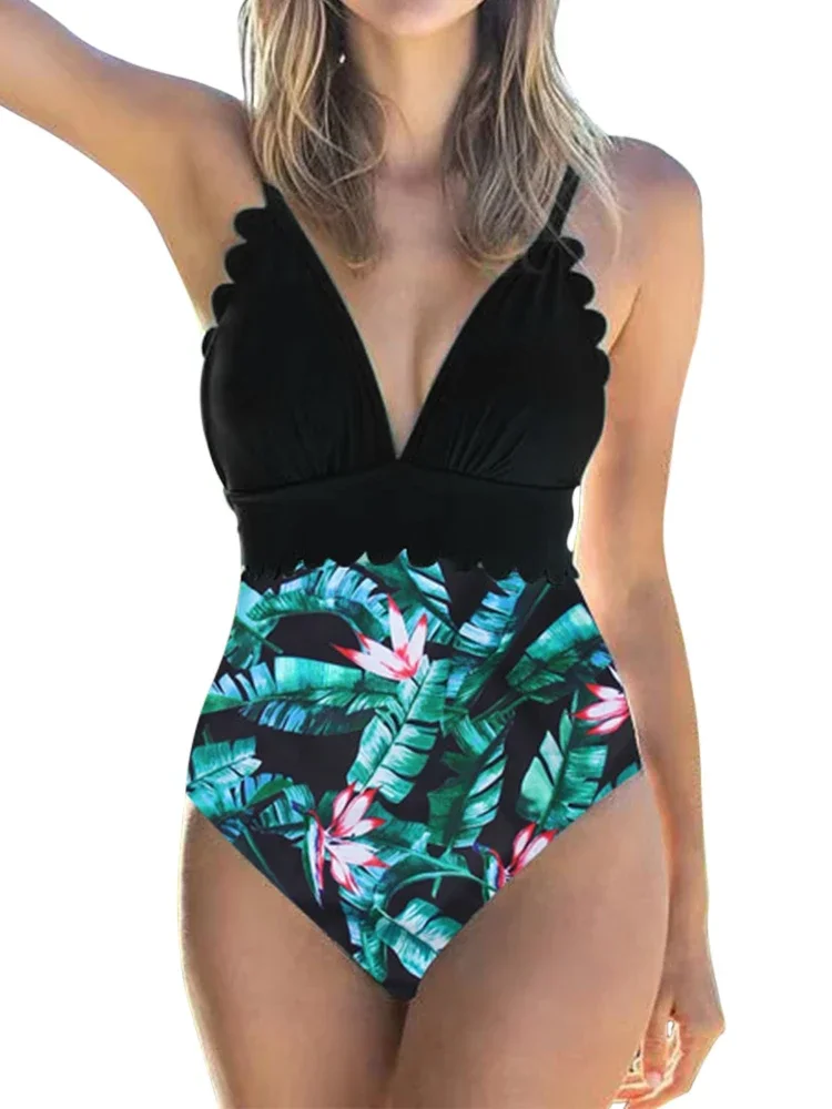 ชุดว่ายน้ําเอวสูงผู้หญิง One Piece ชุดว่ายน้ําเซ็กซี่ V คอ Push Up Halter Scallop Trim ชุดว่ายน้ํา Beachwear บราซิล Monokini