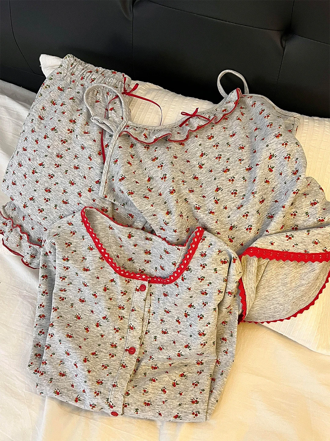 Korean Style Floral Three-Piece Set Long Sleeve Women's Sleepwear Spring Autumn Outdoor Wear Home Clothes Summer Light Comfor...