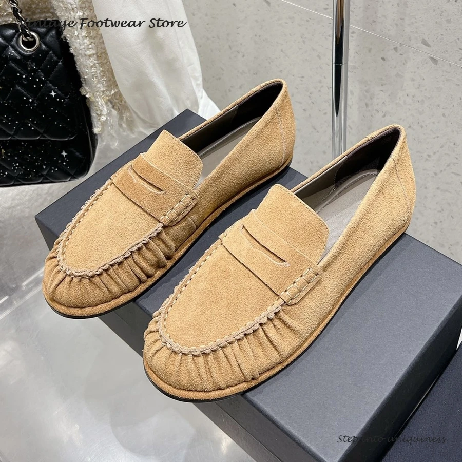 

Vintage Pleated Suede Loafers Office Ladies Round Toe Flat With Women's Shoes Spring Autumn Fashion Slip On Concise Casual Shoes