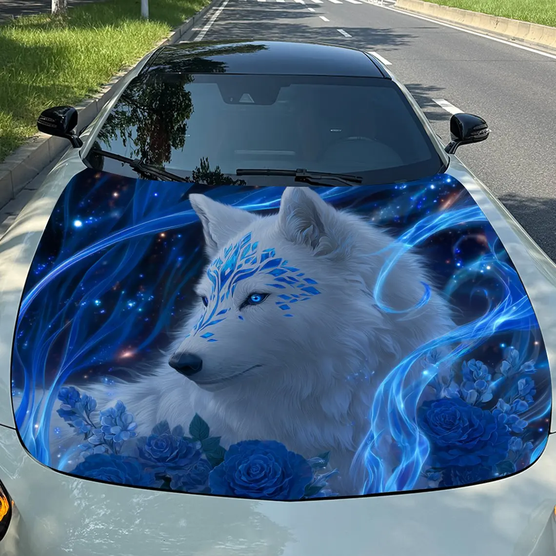 

Blue Rose White Wolf Car Hood Wrap - PVC Vinyl Sticker, Auto Graphic Bonnet Decal, Stylish Truck Accessory, Vehicle Decoration G