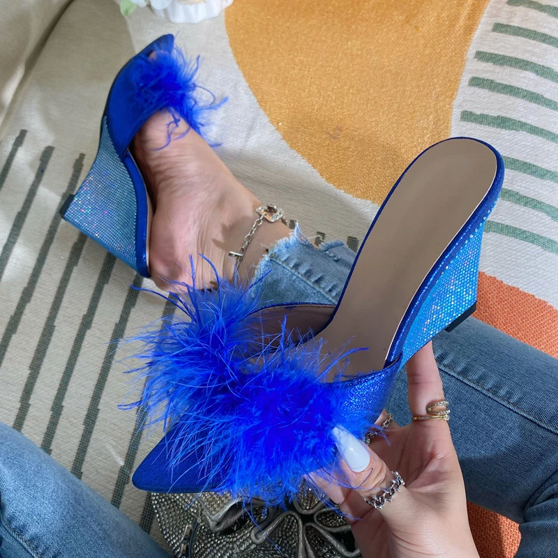 Eilyken Feather Wedges Heels Fur Slippers Sandals Women Pointed toe Mules Lady Pumps Slides Zapatillas De Mujer