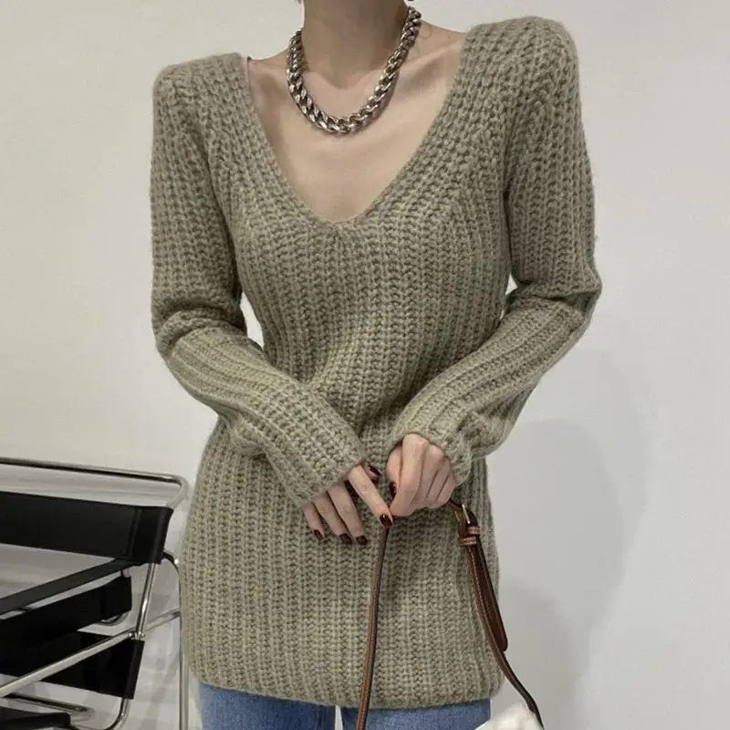 

Knitted Medium To Long For Women Autumn New Korean Fashion V Neck Long Sleeve Basic Sweater Dresses Casual Solid Sweater Sweater