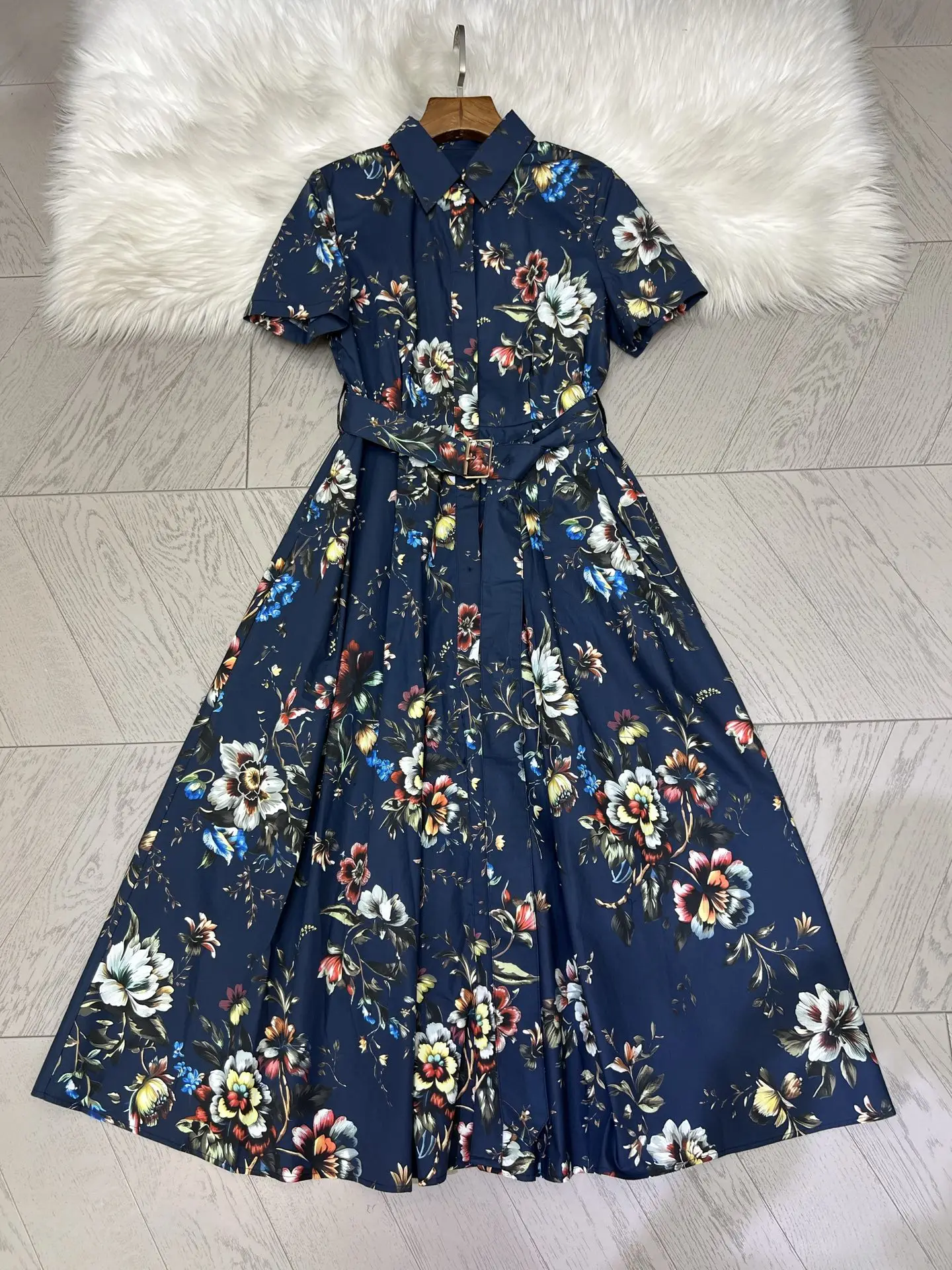 

ZJYT 100% Cotton Floral Print Vintage Dress for Woman High Quality Women's Clothes Short Sleeve Casual Holiday Midi Shirt Dress