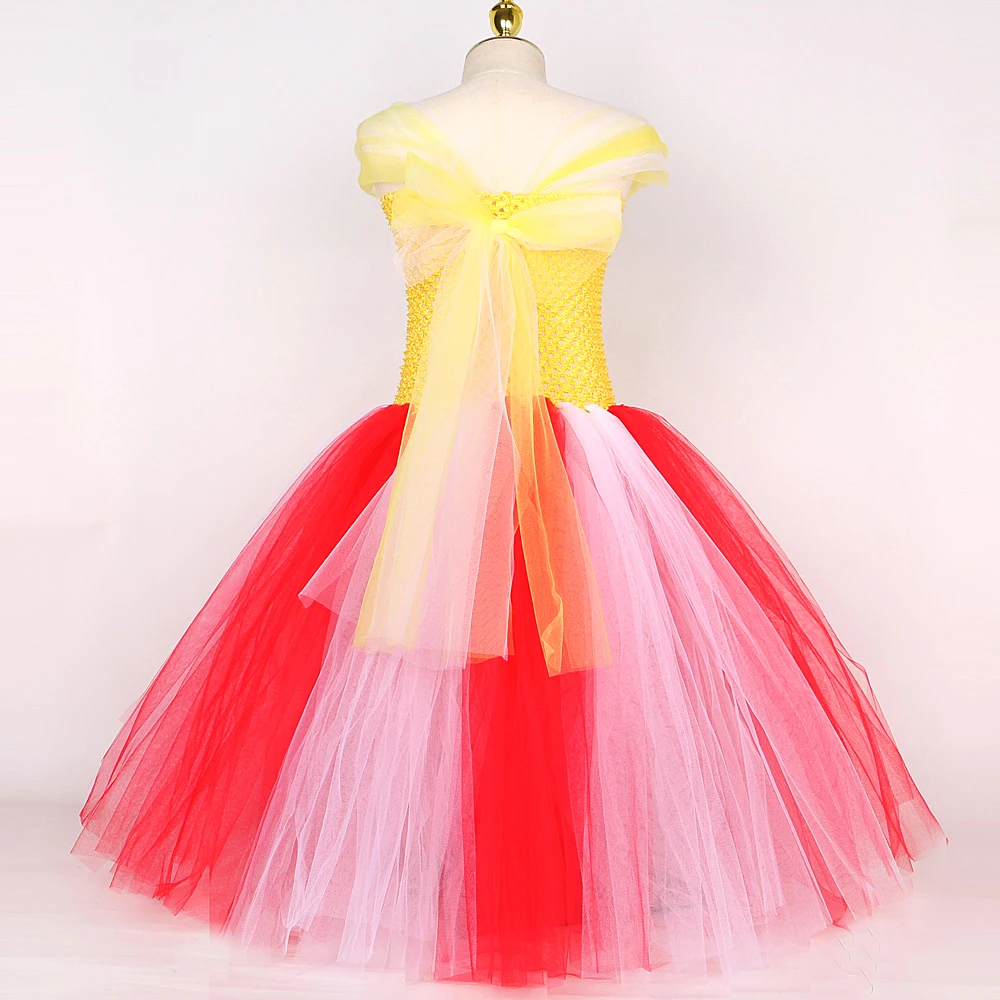 Red Yellow Popcorn Long Dresses for Girls Birthday Party Halloween Costumes Kids Christmas Tutus Performance Outfit with Big Bow