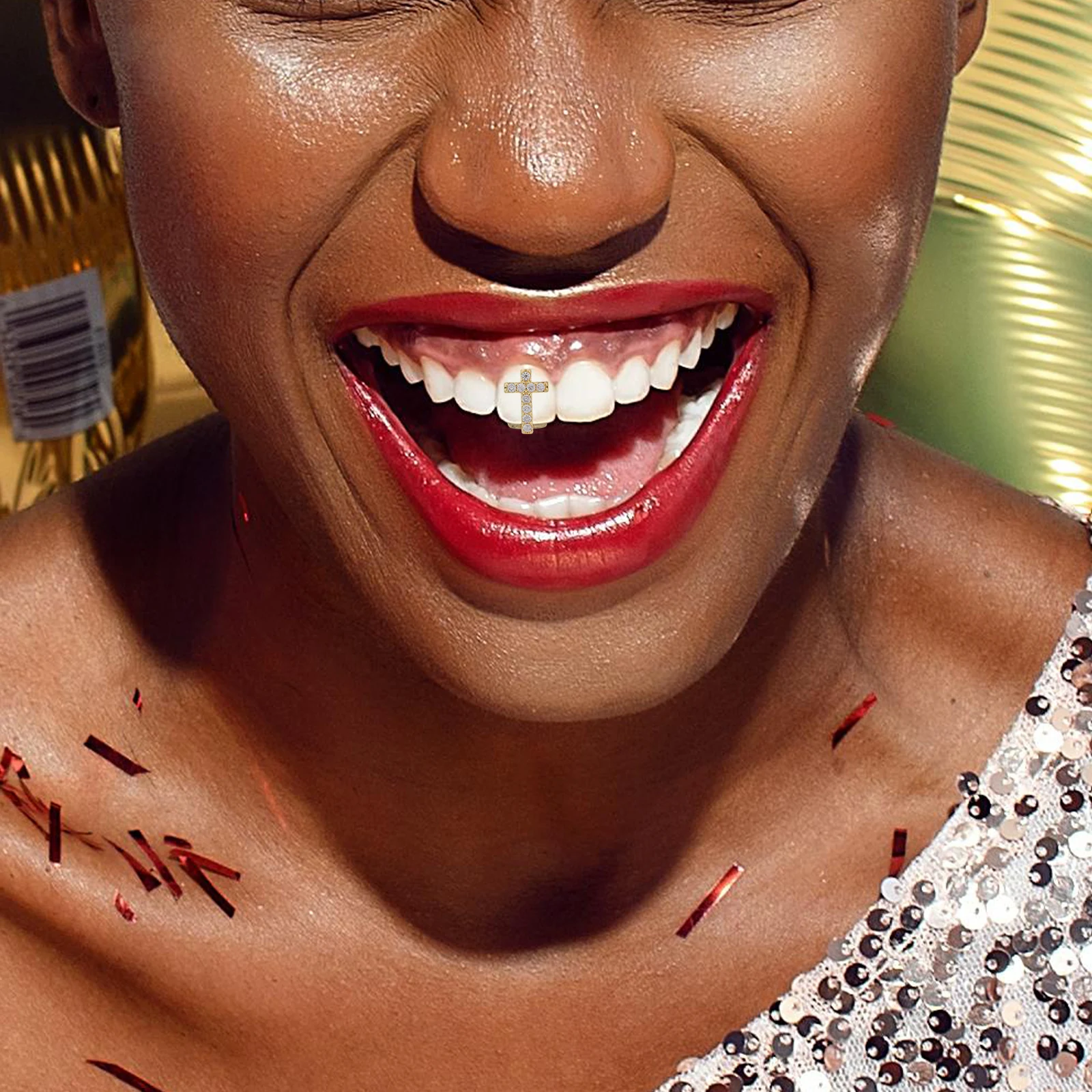 

1 Set Zircon Cross Tooth Grill Hip Hop Style Fake Teeth Cap Party Decorative Jewelry Men Women Grills Mouth Comfortable Single