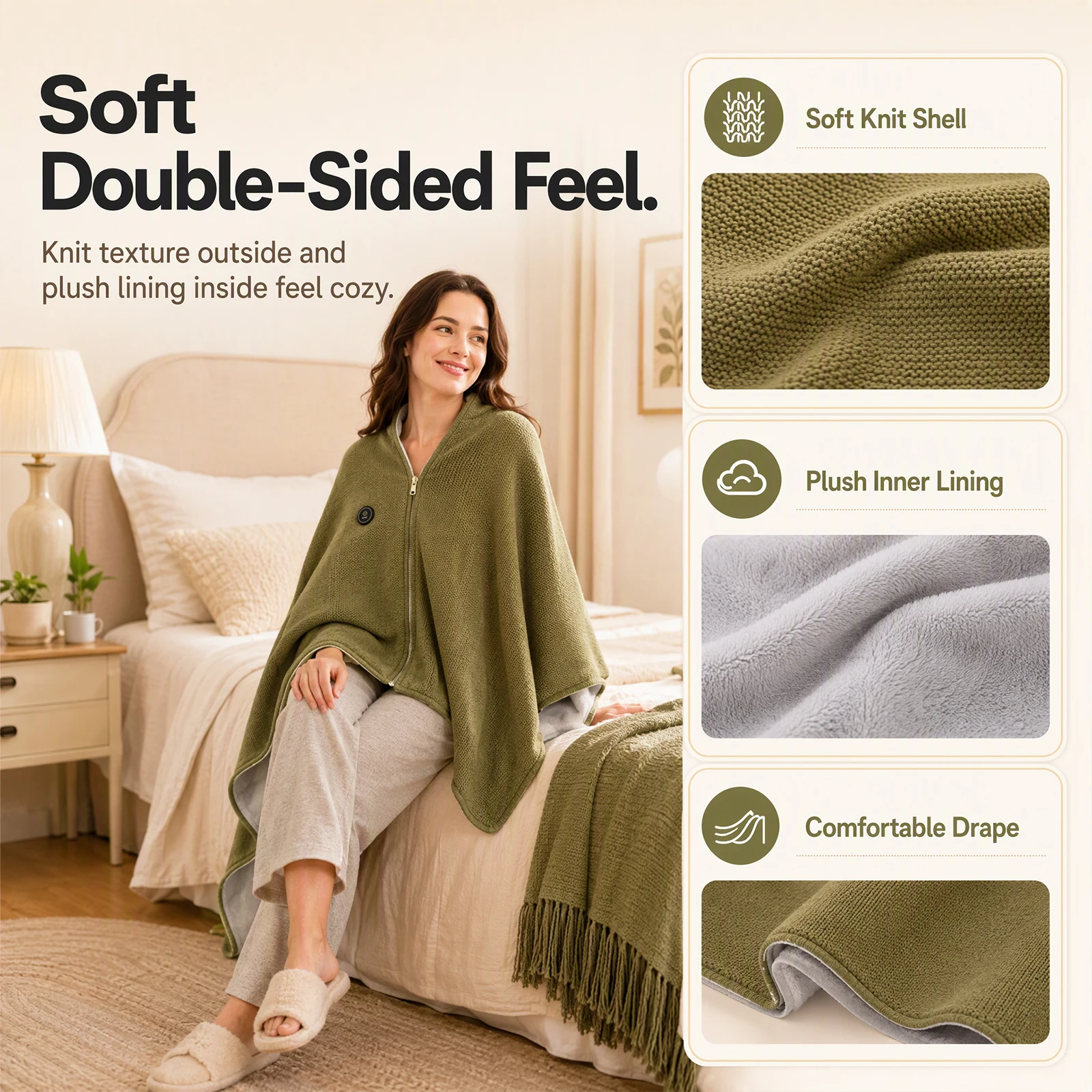 USB Heating Shawl Cape Poncho Wearable Blanket 3 Heat Settings Zipper Front Double-Sided Plush Fleece Washable