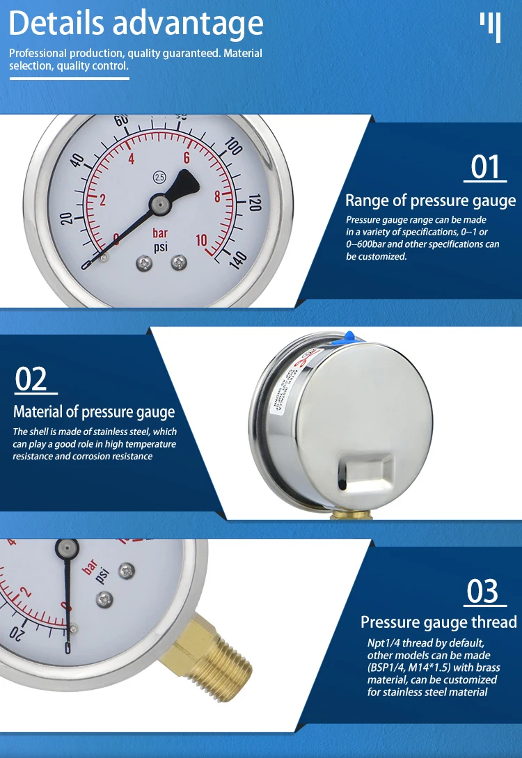 MAIRUIKE Liquid filling Water Oil Gas Pressure Gauges 62.5mm (2.5inch) -1...0...600bar  bottom connection for  Vacuum Manometer