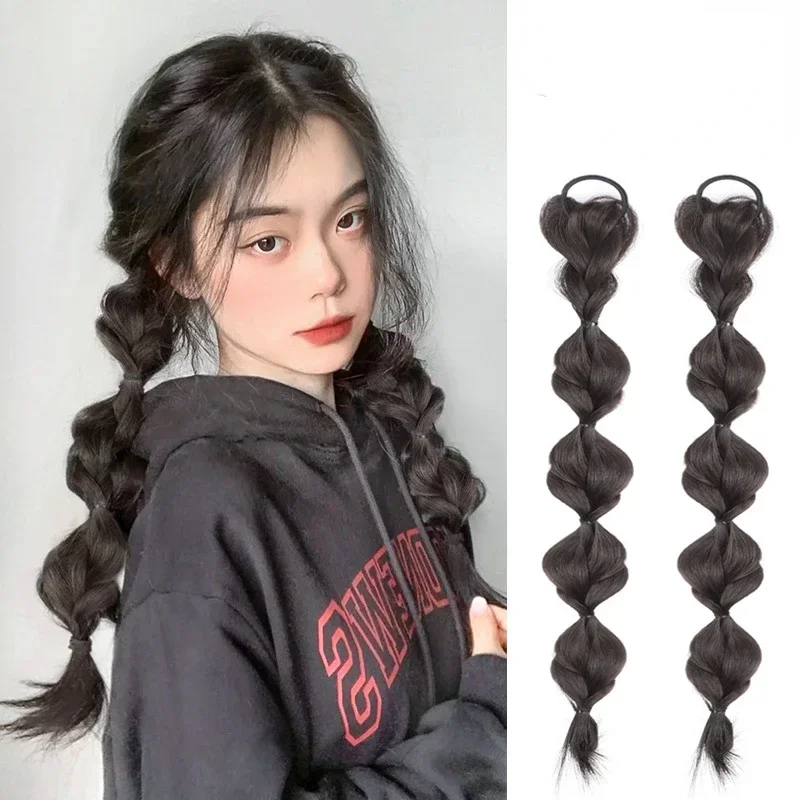 2 Pcs/set Synthetic Bubble Twist Ponytail High Elastic Wig Women Hair Side Natural Lantern Wig Braid Black Hous Tail Hairpiece