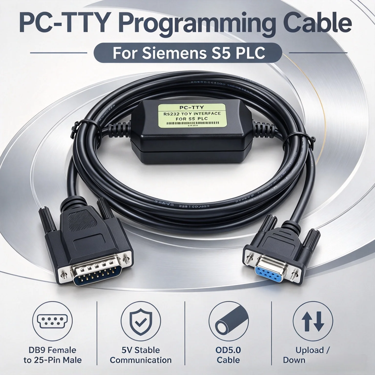 Industrial Programming Cable PC-TTY, RS232 to TTY 5V OD5.0 for Siemens S5 Series PLC Stable Communication Connection
