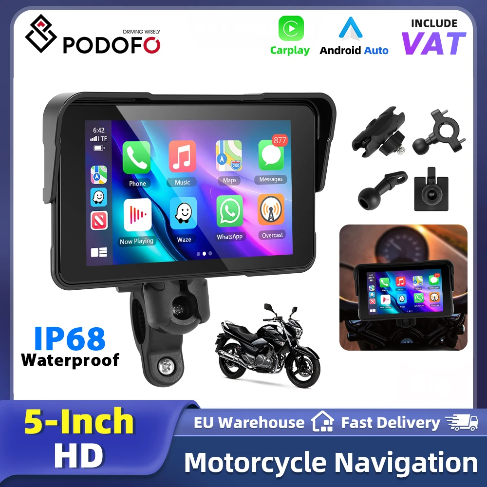Podofo 5 Zoll Motorrad Smart Screen Player IP68 Wasserdichter Monitor Unterstützt Carplay Android Auto BT-Verbindung Helligkeitseinstellbare Motorrad-Multimedia-Anzeige