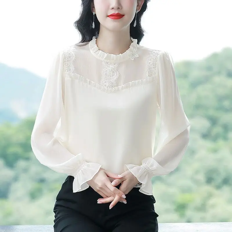 Chiffon Shirt Top for Women with Black Fungus Edge Stand Up Collar Loose and Chic, Western-style and Slim Shirt