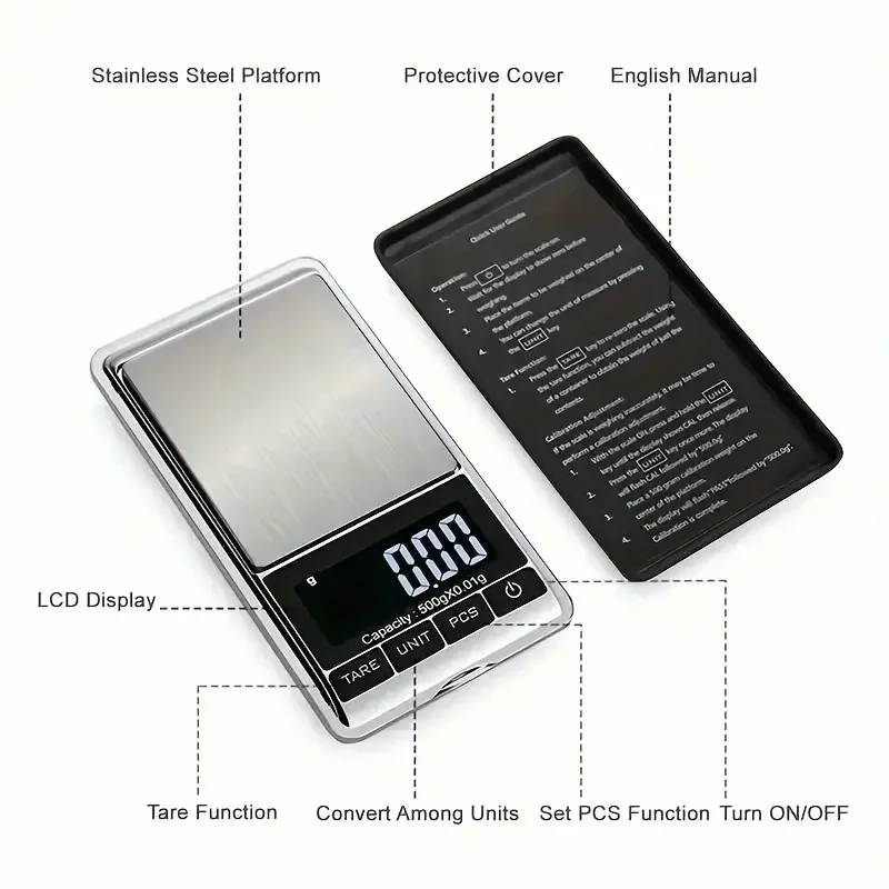 Imagem -05 - Mini Balança Digital de Alta Precisão Retroiluminação Lcd Escala de Bolso Elétrica para Jóias Peso de Grama para Cozinha 0.01g 100g 200g 500g